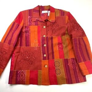 Alfred‎ Dunner Blazer Womens 18 BEADED EMBROIDERED LINEN Jacket Orange Multi